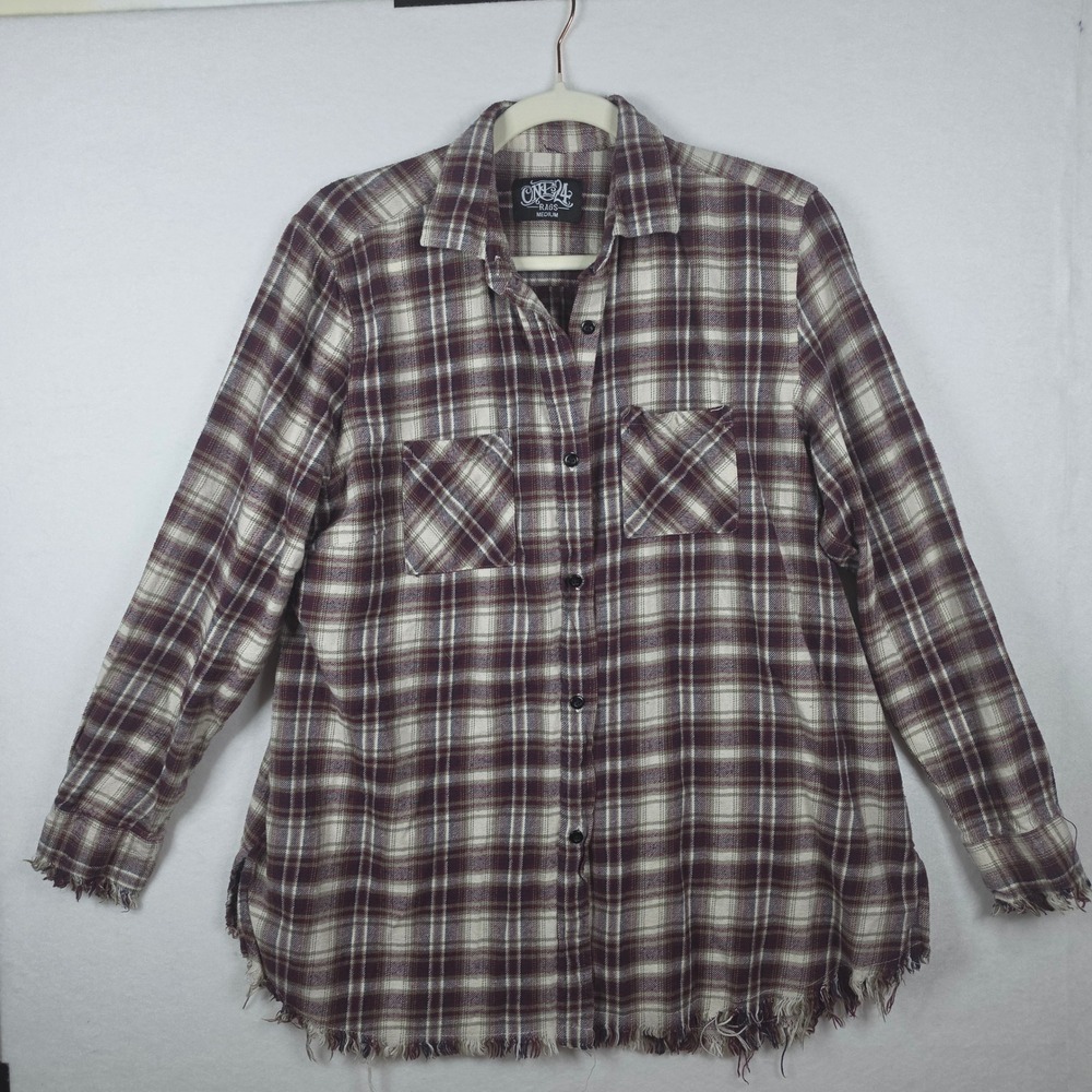 One 24 Rags Plaid Flannel Button Up‎ Top Medium Maroon Frayed Hem